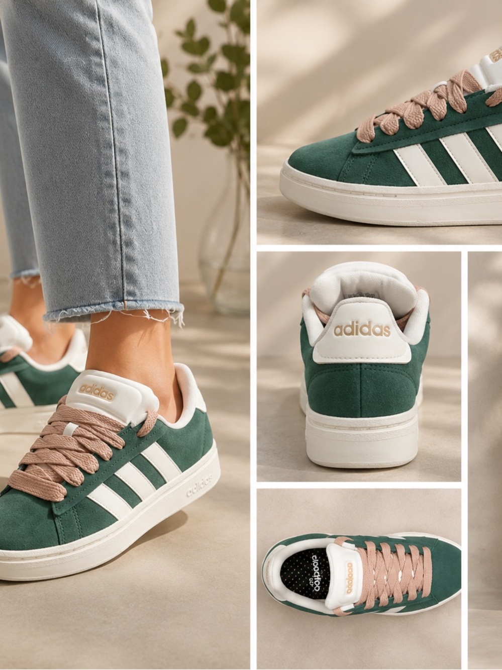 adidas Women’s Dark Green Suede Sneakers with Blush Pink Laces